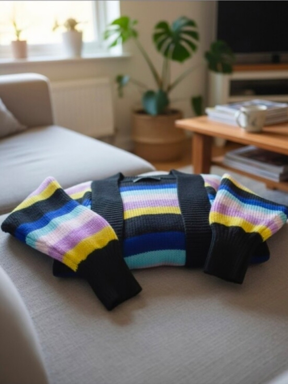 Killstar Oversized Multicolor Striped Knit Cardigan with Black Trim